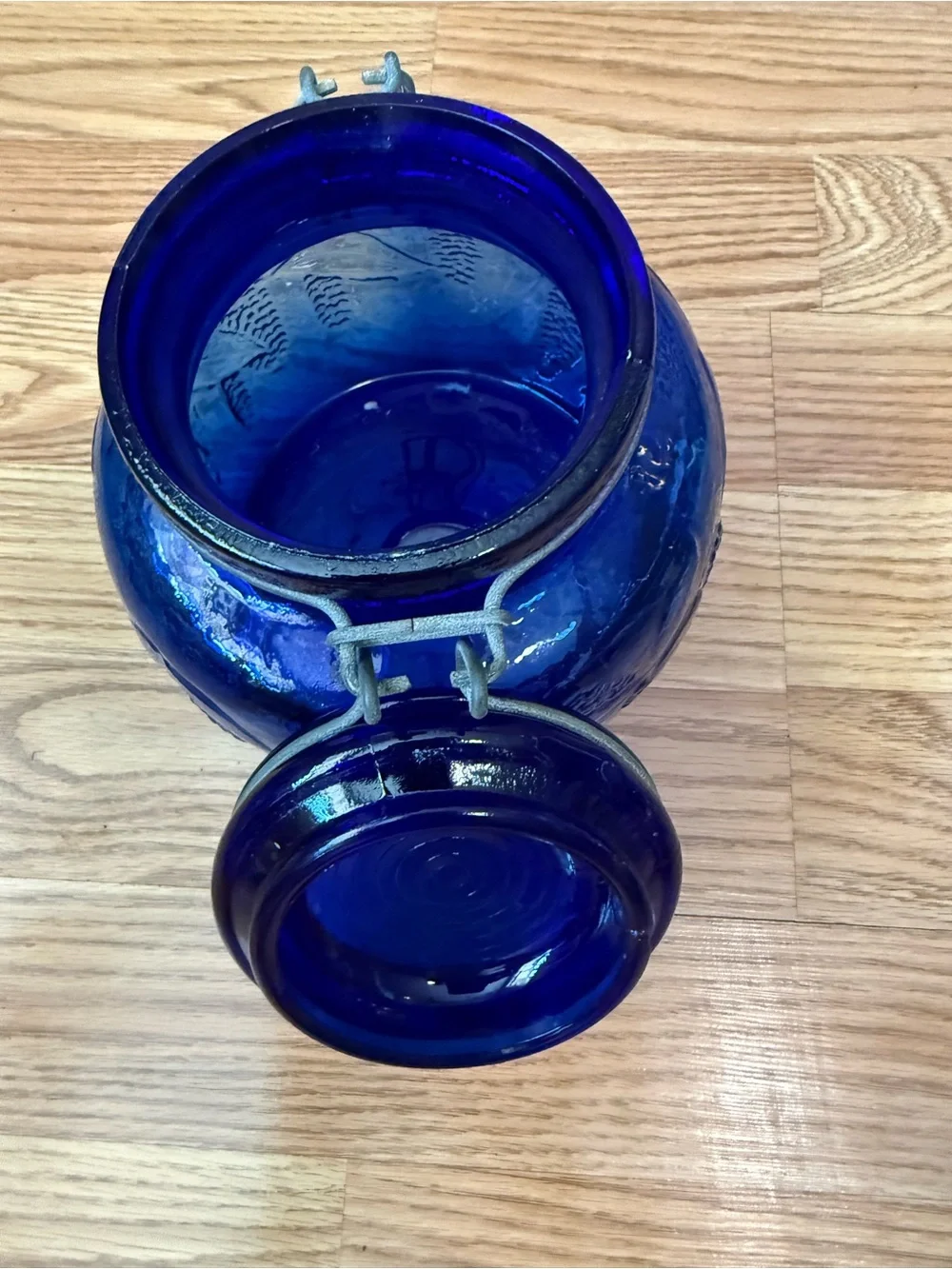 Vintage Italian Cobalt Blue Glass Canister, Embossed Grapevine Jar, Swing lid